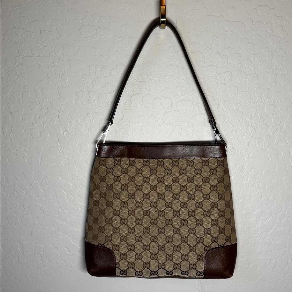 Vintage GUCCI GG Canvas Leather Trim Shoulder Hobo Bag - Picture 2 of 12